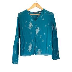 Y2K Banana Republic Silk Top Teal Blue Bell Sleeves Sheer Asian Print Medium